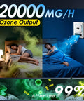 Image showing a bedroom with a woman sleeping, demonstrating ozone purifier on wall removing pollutants with text '20000 MG/H' and '99% after use'.