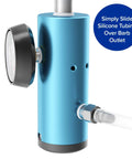 Side view of Ozone Therapy Low Flow Oxygen Regulator With No Fuss Setup And Precise Flow Control, blue body, CGA 540 connection by Nuvälsa.