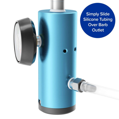 Side view of Ozone Therapy Low Flow Oxygen Regulator With No Fuss Setup And Precise Flow Control, blue body, CGA 540 connection by Nuvälsa.