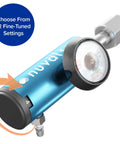 Ozone Therapy Low Flow Oxygen Regulator With No Fuss Setup And Precise Flow Control For Consistent Ozone Generator Performance Works With Oxygen Cylinders Up To 3000 PSI Wrench Tightened Connection CGA 540 By Nuvälsa showing side view of blue regulator with adjustable settings.