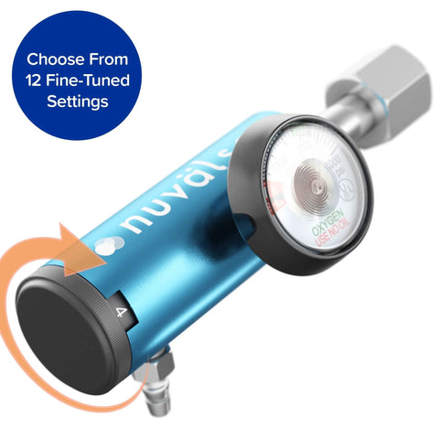 Ozone Therapy Low Flow Oxygen Regulator With No Fuss Setup And Precise Flow Control For Consistent Ozone Generator Performance Works With Oxygen Cylinders Up To 3000 PSI Wrench Tightened Connection CGA 540 By Nuvälsa showing side view of blue regulator with adjustable settings.