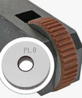 Close-up of Two Pieces P1.0mm Straight Knurling Wheels, 28x8x8mm Steel Rollers for Knurling Tools and Lathe Holders in metalworking setup.