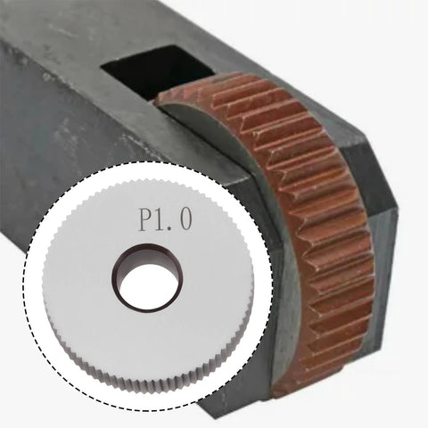 Close-up of Two Pieces P1.0mm Straight Knurling Wheels, 28x8x8mm Steel Rollers for Knurling Tools and Lathe Holders in metalworking setup.