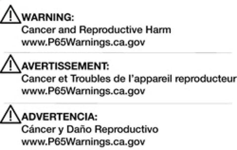 Warning label for cancer and reproductive harm in English, French, and Spanish with website link to P65Warnings.ca.gov