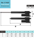 Diagram showing PA-17 POT High Force 24V Linear Actuator With 10 Inch Stroke And 2000 Lbs Push Pull dimensions and specs.