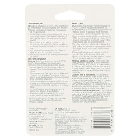 Packaging of Heavy Duty Auto Exterior Double-Sided Tape 1/4 Inch By 5 Feet For Car Trim Moldings Emblems And Badges All Weather Permanent Bond Durable Adhesive That Sticks Strong On Exterior And Interior Surfaces showing directions and warranty information.