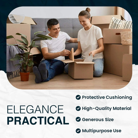 Couple packing with Newsprint Packing Paper Bulk 320 Sheets 27x17 Inches 10 Lb for Moving and Cushioning, surrounded by boxes.