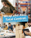 Collage emphasizing "Wrap and Roll, Total Control" with scenes of office, warehouse, and business environments using packaging products.