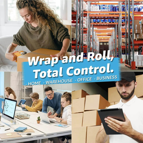 Collage emphasizing "Wrap and Roll, Total Control" with scenes of office, warehouse, and business environments using packaging products.