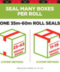 Diagram showing Scotch Sure Start Packing Tape 1.88in x 54.6yd Clear for Shipping and Mailing sealing methods, 2-strip and H-strip with box counts.