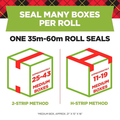 Diagram showing Scotch Sure Start Packing Tape 1.88in x 54.6yd Clear for Shipping and Mailing sealing methods, 2-strip and H-strip with box counts.