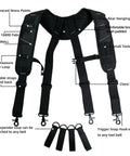 Padded Tool Belt Suspenders For Men With Attachment Loops Comfortable Carpenter And Electrician Work Suspenders With Even Weight Distribution And Four Point Support System For All Day Comfort And Back Strain Reduction, featuring multiple loops and pockets.