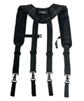 Front view of padded tool belt suspenders for men with attachment loops, designed for carpenters and electricians with four-point support.