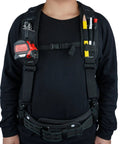 Padded Tool Belt Suspenders For Men With Attachment Loops Comfortable Carpenter And Electrician Work Suspenders With Even Weight Distribution And Four Point Support System For All Day Comfort And Back Strain Reduction, shown worn on a person with tools attached.