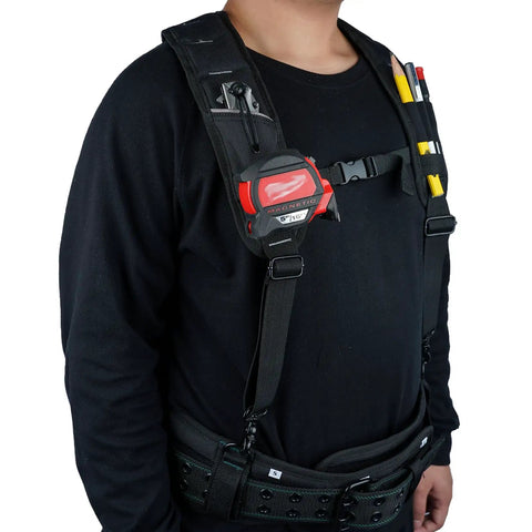 Padded Tool Belt Suspenders For Men With Attachment Loops Comfortable Carpenter And Electrician Work Suspenders With Even Weight Distribution And Four Point Support System For All Day Comfort And Back Strain Reduction, front view.