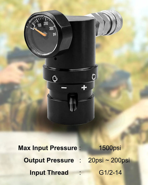 Adjustable Paintball CO2 Regulator For HPA LP SLP Tanks GEN2 Micro MR Reg G1/2-14 Inlet 20 PSI To 200 PSI shown in black.