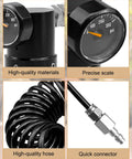 Components of Adjustable Paintball CO2 Regulator For HPA LP SLP Tanks, showing gauge, hose, and quick connector