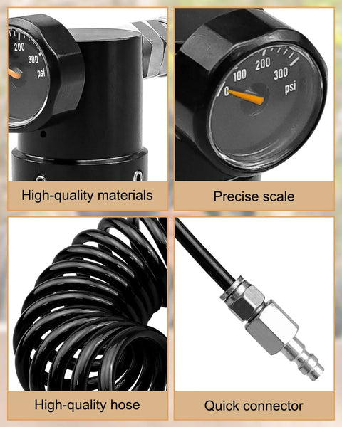 Components of Adjustable Paintball CO2 Regulator For HPA LP SLP Tanks, showing gauge, hose, and quick connector