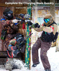 Three paintball players in action, wearing safety gear, aiming markers, showcasing dynamic game play and teamwork outdoors.