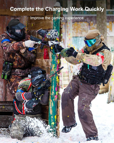 Three paintball players in action, wearing safety gear, aiming markers, showcasing dynamic game play and teamwork outdoors.