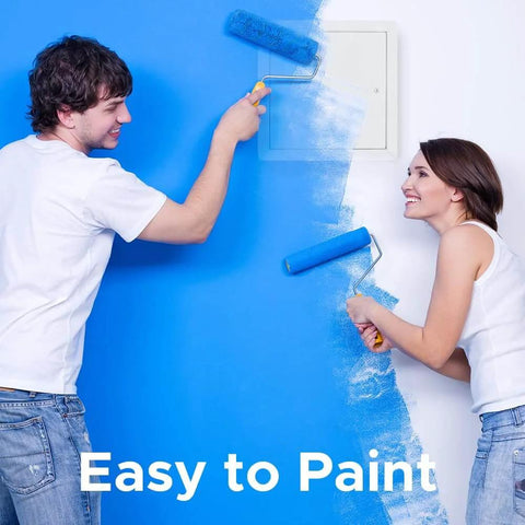 Two people painting a wall blue near a 14 By 20 Universal Access Panel Flush Steel Door With Flange 16 Gauge Cold Rolled Frame