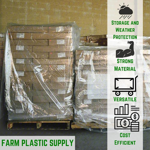 Pallet Cover Bags 50 Pack Heavy Duty Clear 3 Mil Polyethylene For Outdoor Storage And Weather Protection 55 X 53 X 75 In Size Construction Grade Pallet Bags For Shipping And Storage Farm Plastic Supply covering pallets in warehouse.