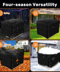 Heavy Duty 900D Pallet Cover For 49 By 41 By 49 Inches Waterproof Tarp With Zipper Reinforced Rope And Four Buckles For Industrial Storage And Shipping Supplies Built To Last shown in four seasons.