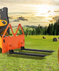 Heavy Duty 46 Inch Pallet Fork Attachment For Tractor Loader And Skid Steer Universal Quick Attach With 2600 Lb Per Fork Load Capacity For Farm Warehouse And Material Handling in a field.