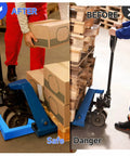 Heavy Duty Pallet Jack Chock With Handle For Eight Point Five Inch Wheel Width Non Slip Polypropylene Jack Stopper Silicone Anti Slip Mat Pallet Buster Designed To Withstand Over One Thousand Lbs For Forklifts And Pallet Jacks LEIDGG in use, showing safety improvement before and after on warehouse floor.