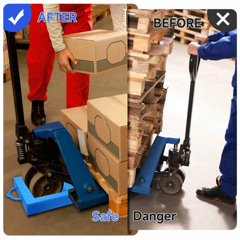 Heavy Duty Pallet Jack Chock With Handle For Eight Point Five Inch Wheel Width Non Slip Polypropylene Jack Stopper Silicone Anti Slip Mat Pallet Buster Designed To Withstand Over One Thousand Lbs For Forklifts And Pallet Jacks LEIDGG in use, showing safety improvement before and after on warehouse floor.
