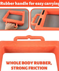 Close-up of the orange Pallet Jack Chock Heavy Duty Wheel Stopper for Pallet Jacks and Trucks, showing rubber handle and friction surface.