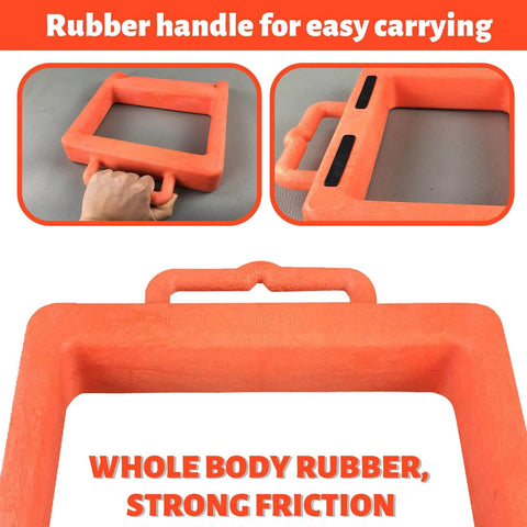 Close-up of the orange Pallet Jack Chock Heavy Duty Wheel Stopper for Pallet Jacks and Trucks, showing rubber handle and friction surface.