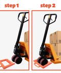 Pallet Jack Chock Heavy Duty Wheel Stopper For Pallet Jacks And Trucks Stabilizes Wheels For Safer Handling Durable Orange Plastic And Composite Construction shown in use with pallet jack wheels on and off the chock in two steps