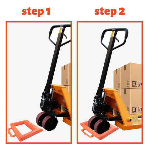 Pallet Jack Chock Heavy Duty Wheel Stopper For Pallet Jacks And Trucks Stabilizes Wheels For Safer Handling Durable Orange Plastic And Composite Construction shown in use with pallet jack wheels on and off the chock in two steps