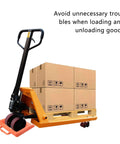 Pallet Jack Chock Heavy Duty Wheel Stopper For Pallet Jacks And Trucks Stabilizes Wheels For Safer Handling Durable Orange Plastic And Composite Construction With Friction Enhanced Bottom 14.2 Inches Long 11.2 Inches Wide 2 Inches High 1 Pack in use stopping pallet jack