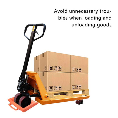 Pallet Jack Chock Heavy Duty Wheel Stopper For Pallet Jacks And Trucks Stabilizes Wheels For Safer Handling Durable Orange Plastic And Composite Construction With Friction Enhanced Bottom 14.2 Inches Long 11.2 Inches Wide 2 Inches High 1 Pack in use stopping pallet jack