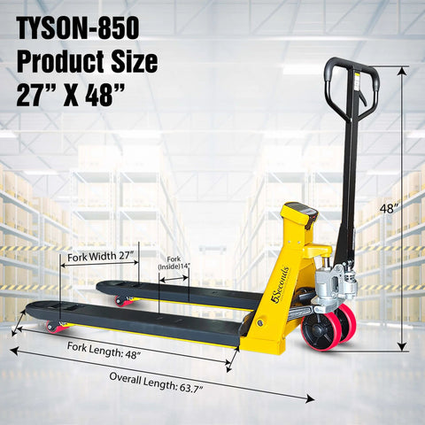 Heavy Duty Pallet Jack With Built In Digital Scale 5500 LB Capacity 27 Inch By 48 Inch Forklift Style Pallet Truck in warehouse