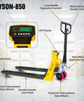 Heavy Duty Pallet Jack With Built In Digital Scale 5500 LB Capacity 27 Inch By 48 Inch Forklift Style Pallet Truck in warehouse