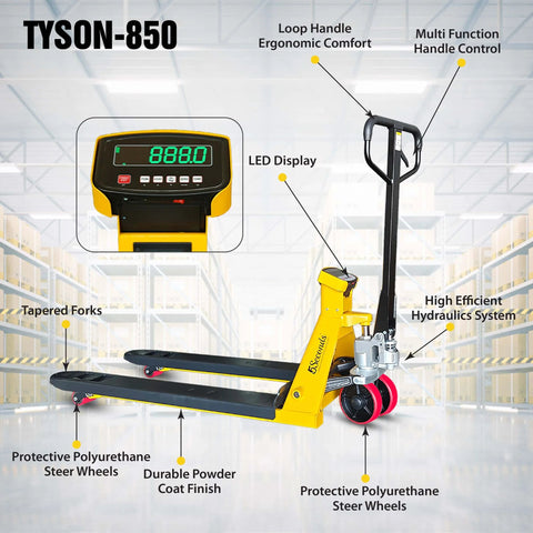 Heavy Duty Pallet Jack With Built In Digital Scale 5500 LB Capacity 27 Inch By 48 Inch Forklift Style Pallet Truck in warehouse