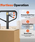 Close-up of ergonomic handle on Narrow Manual Pallet Jack For Tight Aisles 48 Inch By 21 Inch Lift With 5500 Pound Capacity