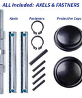 Premium Crown PTH50 Pallet Jack Wheel Replacement Kit featuring axles, fasteners, and protective caps for manual pallet jacks.