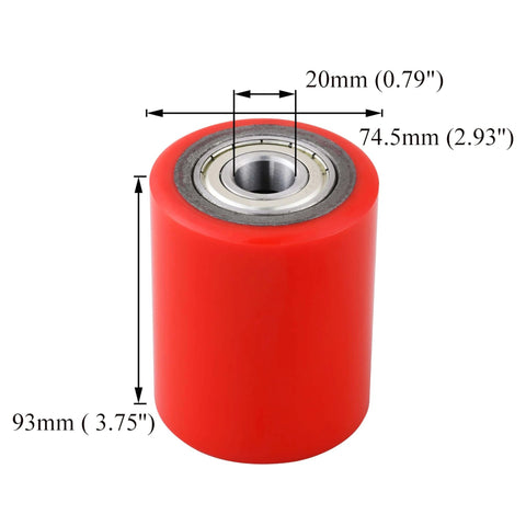 Pair of pallet jack load wheels 3 x 3.75 inch with pre installed bearings, 20mm ID polyurethane tread on cast iron, includes axles and pins