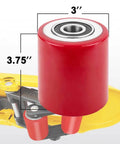 Red 3 x 3.75 inch load wheel from pallet jack full wheel set assembled kit with yellow pallet truck component visible