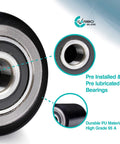 Close-up of pallet jack load wheels full set 3 x 3.75 inch with entry exit roller, featuring black polyurethane tread and bearings