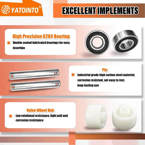 High precision 6204 bearings, durable pins, and nylon wheel hub for pallet jack load wheels full set 3 x 3.75 inch with axles.