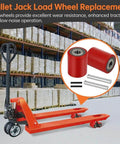 1 Pair Pallet Jack Load Wheels 3 x 3.75 inch with 20mm bearings, rear load wheel replacement set displayed with axles and pins
