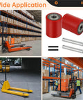 Pallet Jack Load Wheel Set for manual pallet jacks showing red 3x3.75 inch wheels with 20mm bearings, axles, and pins.