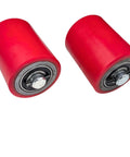Pair of pallet jack load wheels 3 x 3.75 inch with pre installed bearings, 20mm ID polyurethane tread on cast iron.