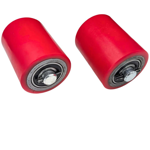 Pair of pallet jack load wheels 3 x 3.75 inch with pre installed bearings, 20mm ID polyurethane tread on cast iron.