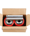 Pair of pallet jack load wheels 3 x 3.75 inch with pre installed bearings in box, includes axles and pins for replacement